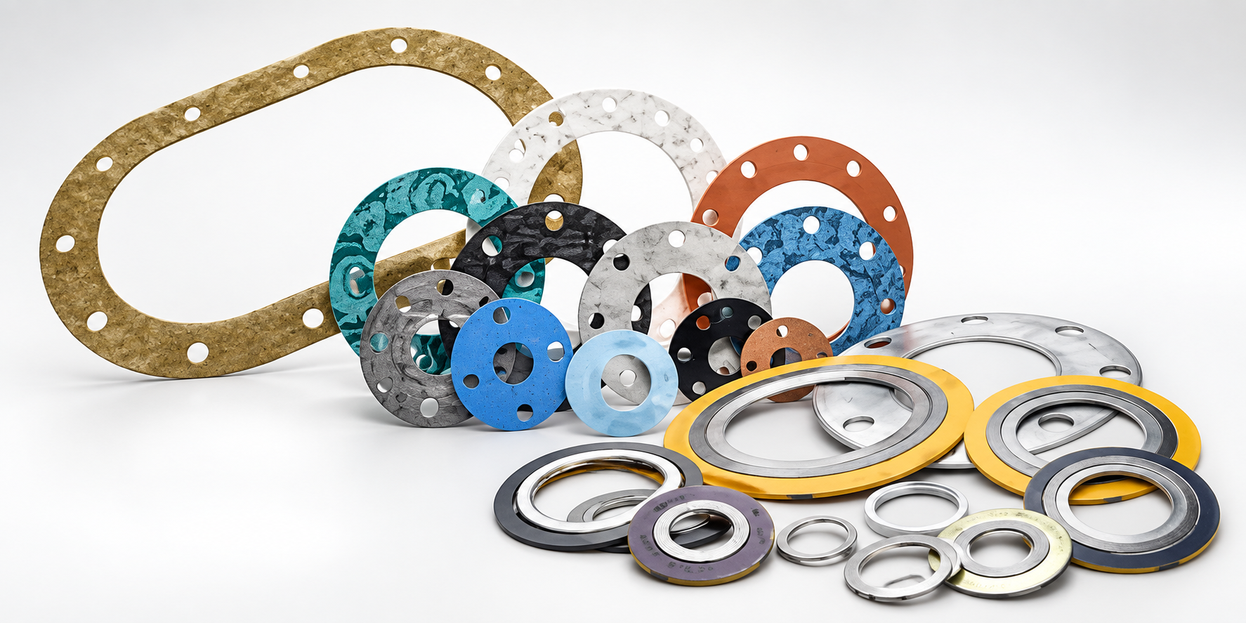 Custom cut gaskets in multiple materials and sizes including spiral wound metallic, rubber, and compressed fiber gaskets