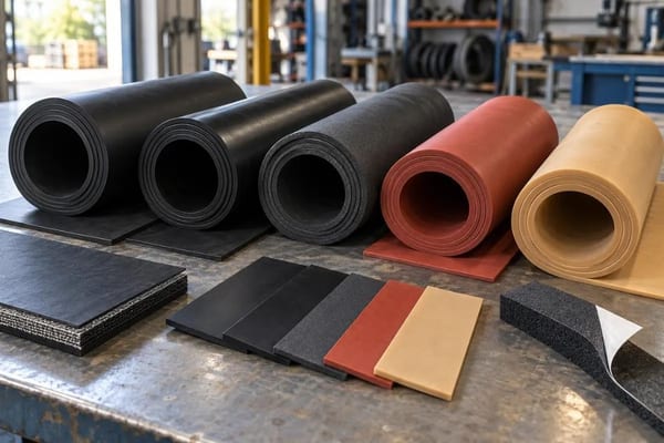 Sheet rubber rolls in warehouse — neoprene, nitrile, EPDM, and SBR