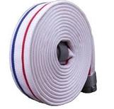 A roll of fire hose with red, white and blue stripes.