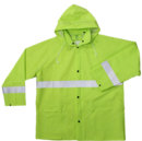 A yellow rain jacket with reflective stripes on it.
