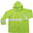 A yellow rain jacket with reflective stripes on it.